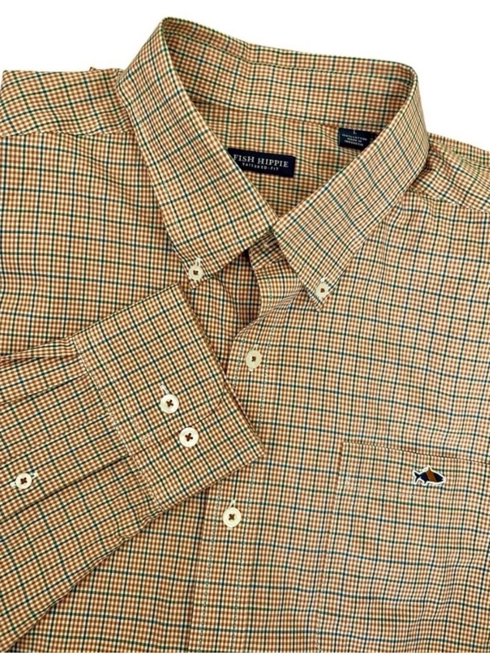 Fish Hippie Men’s Orange Blue Plaid Long-Sleeve Button-Down Shirt Sz L